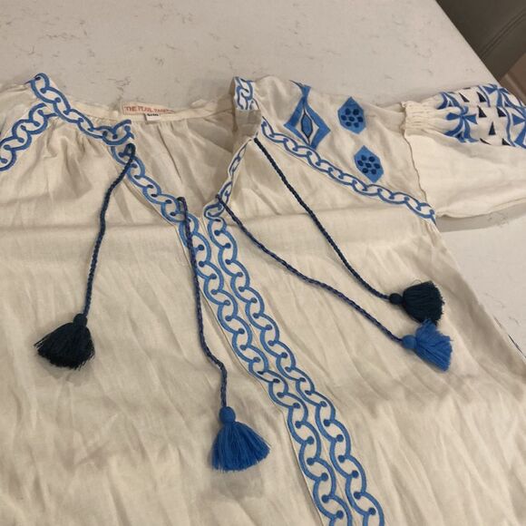 The Pearl Pagoda 100% Linen White Embroidered Long Sleeve Grecian Maxi Dress M - Picture 13 of 14